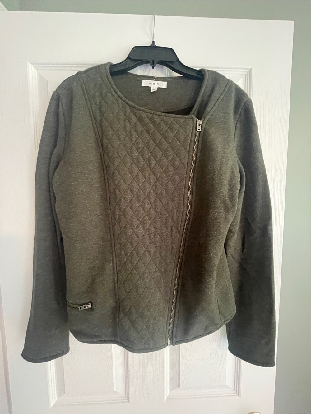 Athleta Belvedere Olive Green Quilted Asymmetrical Moto Jacket | L
